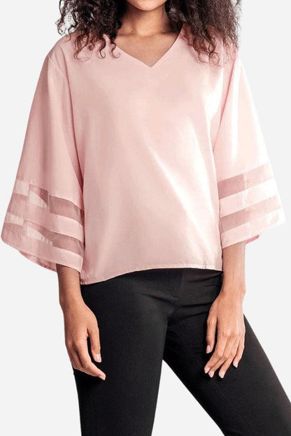 Women's V-Neck Bell Sleeve Blouse with Mesh Panel and Elegant Design