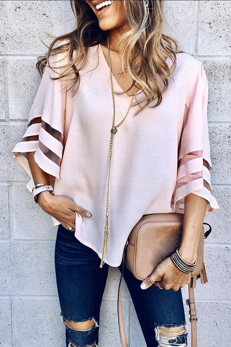 Women's V-Neck Bell Sleeve Blouse with Mesh Panel and Elegant Design