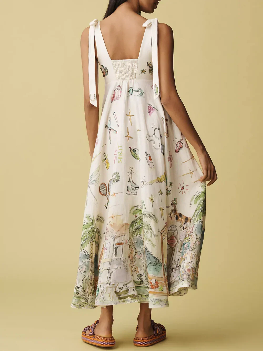 Elegant Ballet Inspired Tie Waist Painted Floral Pattern Flowing Silky Midi Dress