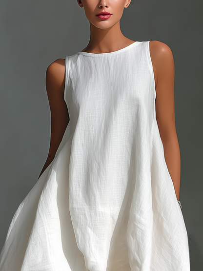 Women’s Linen Midi Dress – Sleeveless Round Neck Asymmetric Hem Elegant Dress
