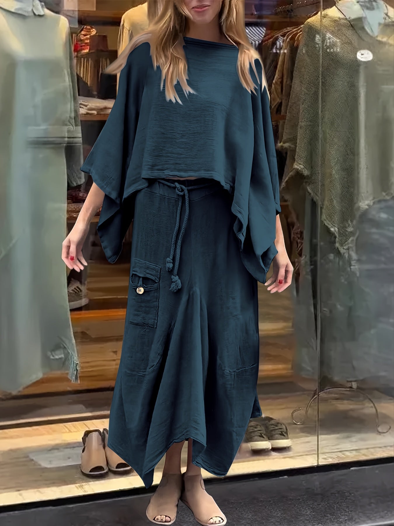 Premium Fashion Solid Color Top and Skirt Set – Casual Round Neck Two-Piece Outfit