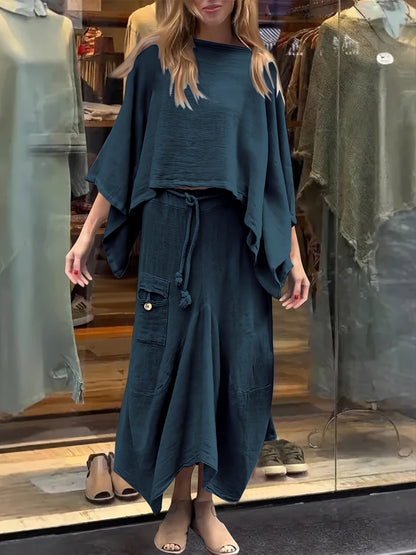 Premium Fashion Solid Color Top and Skirt Set – Casual Round Neck Two-Piece Outfit