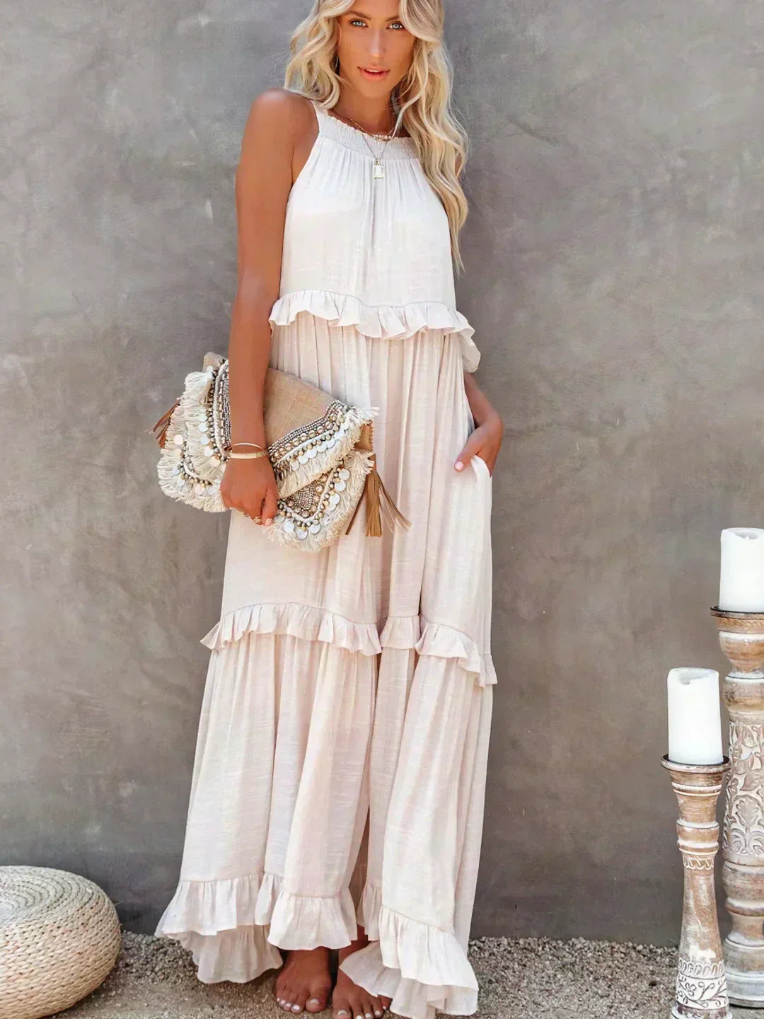 Women's Sleeveless Dress with Ruffles and Flowy Design