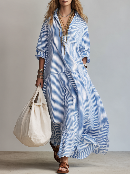 Effortlessly Stylish Button Front Striped Maxi Oversized Silhouette Shirt Dress