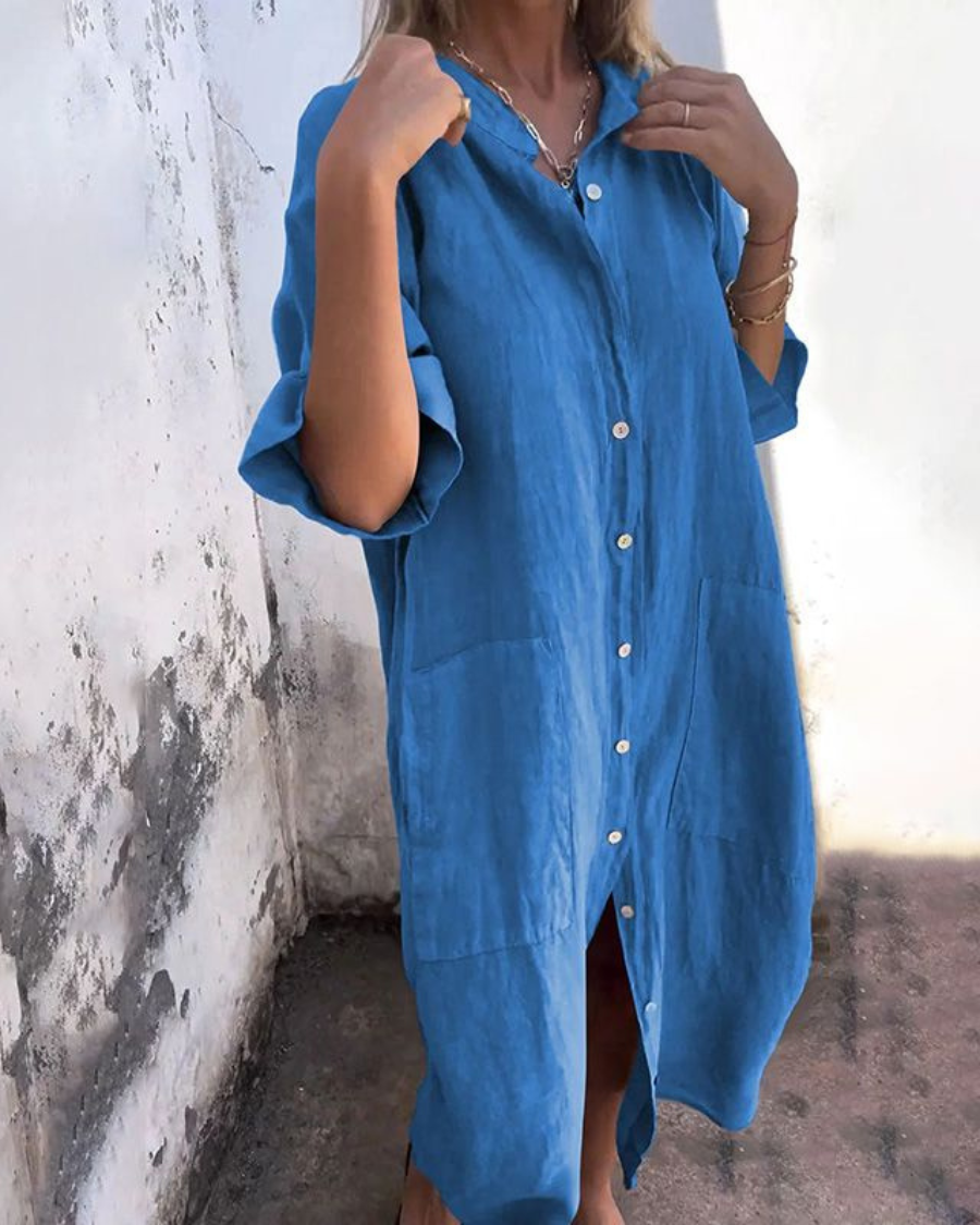 Women's Boho Shirt Dress with Button Closure and Adjustable Waist