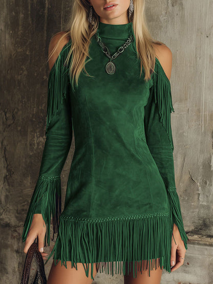 Semi-High Neck Off-the-Shoulder Fringed Faux Suede Long-Sleeved Mini Dress