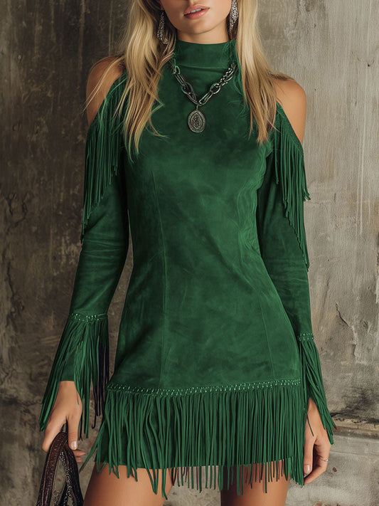 Semi-High Neck Off-the-Shoulder Fringed Faux Suede Long-Sleeved Mini Dress