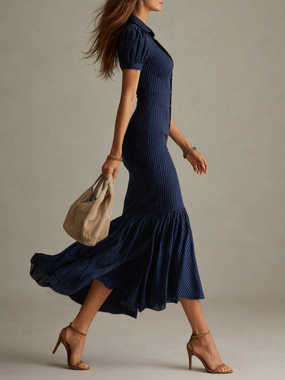 Exquisite Luxurious Figure Flattering Silhouette Stripe Pattern Full Length Maxi Dress