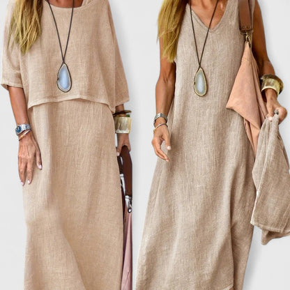 Women's Relaxed Linen Two-Piece Set: Layered Short-Sleeve Top and Sleeveless V-Neck Maxi Dress in Oatmeal Tone