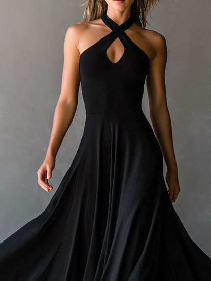 Glamorous Vintage Halter Neck Keyhole Back Black Satin Midi Dress