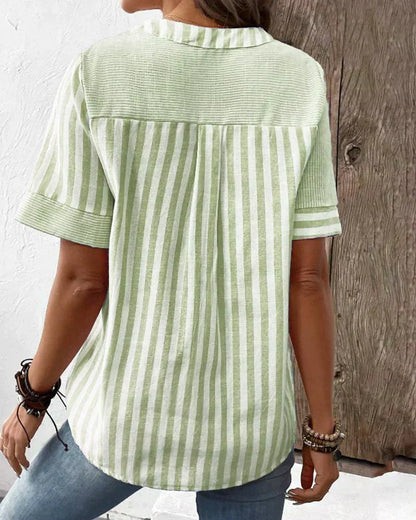 Women's Striped Blouse with Short Sleeves and Lightweight Fabric