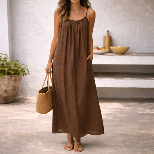 Effortlessly Spaghetti Strap Linen Gathered Neckline Pockets Breathable Maxi Dress