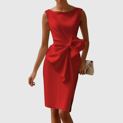 Luxurious Intricately Sculpted Bow Charmeuse Satin Cascading Draperies Midi Dress