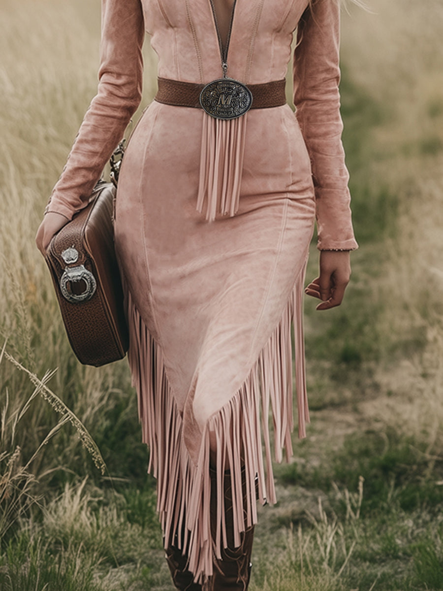 Historically Inspired Western Tassel Detailing Ultrasoft Microsuede Pink Midi Dress