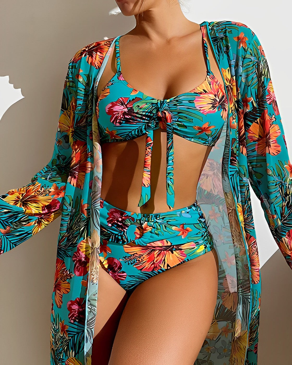 Women's Tropical Print Bikini Set with Matching Cover-Up and Adjustable Straps