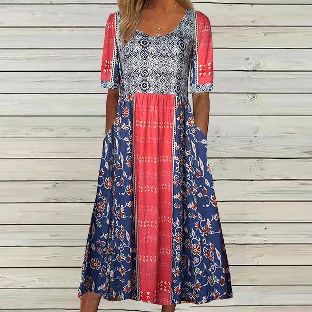 Women's Bohemian Print Dress with Round Neckline and Flowy Skirt