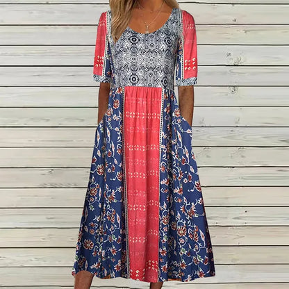 Women's Bohemian Print Dress with Round Neckline and Flowy Skirt