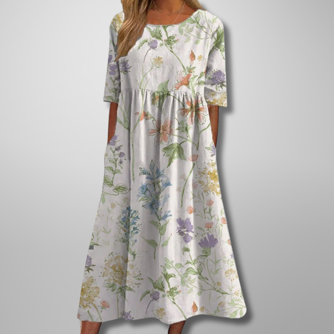 Effortlessly Sophisticated Luxurious Linen Floral Print Flowing Silhouette Midi Dress