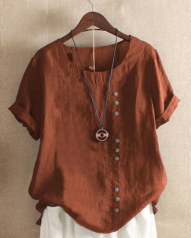 Women's Casual Short Sleeve Top with Button Front and Crew Neck