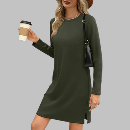 Women's Long Sleeve Round Neck Dress with Relaxed Fit and Versatile Style