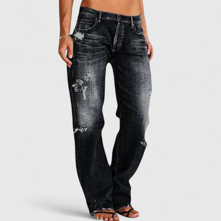Women's Distressed Straight Leg Jeans with Low Rise and Classic Fit