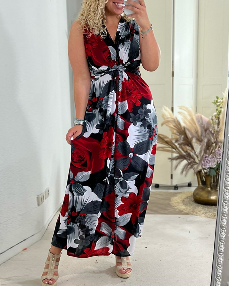Women’s Purple Black Floral Maxi Dress – V-Neck Tie Front Cinched Waist Elegant Dress