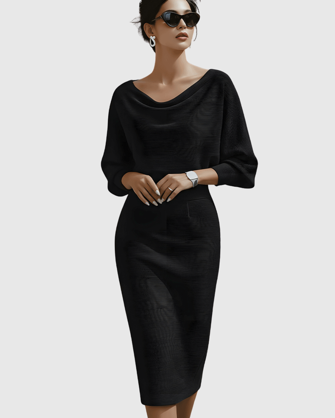 Women's Midi Dress with Cowl Neck and Batwing Sleeves