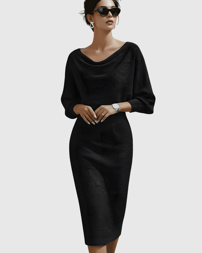 Women's Midi Dress with Cowl Neck and Batwing Sleeves