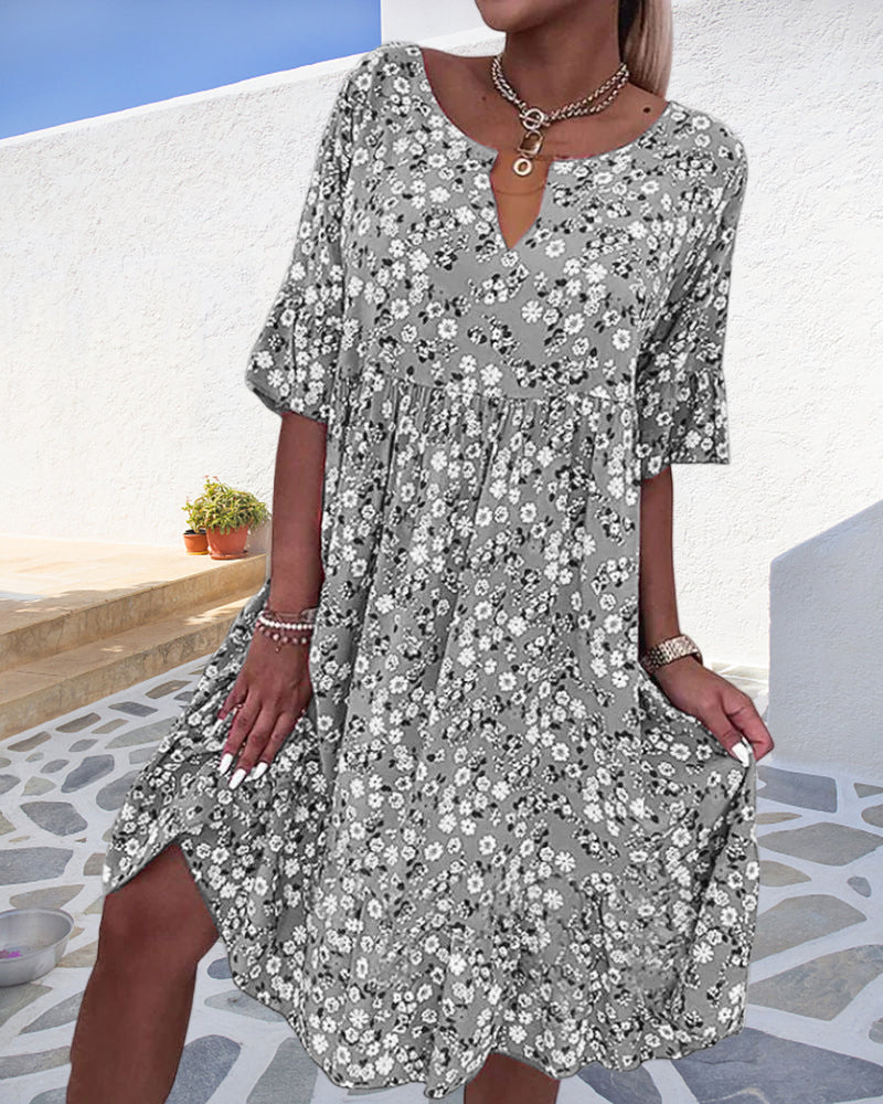 Women's Floral Print Midi Dress with V-Neck and Short Sleeves