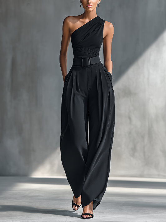 Stylish Black High-Elastic Knit Top With Comfortable Acetate Wide-Leg Pants Set