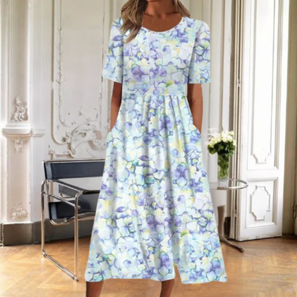 Women's Floral Dress with Short Sleeves and A-Line Silhouette