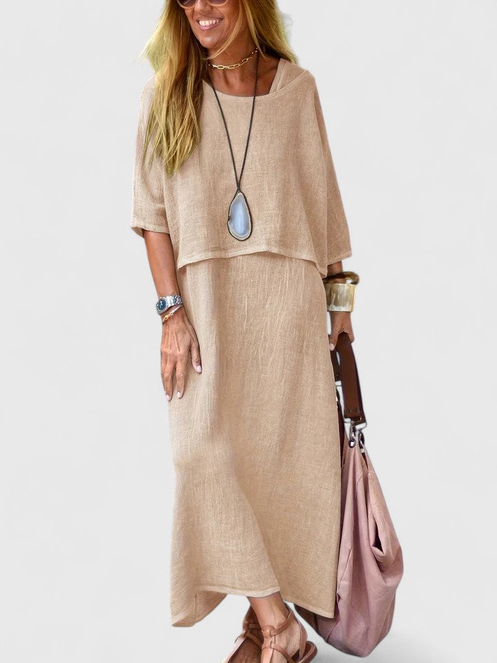 Women's Relaxed Linen Two-Piece Set: Layered Short-Sleeve Top and Sleeveless V-Neck Maxi Dress in Oatmeal Tone
