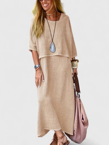 Women's Relaxed Linen Two-Piece Set: Layered Short-Sleeve Top and Sleeveless V-Neck Maxi Dress in Oatmeal Tone