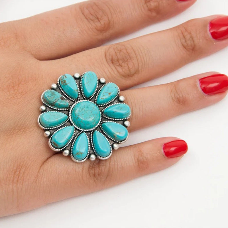 Women's Alloy Flower Ring with Turquoise Accent and Unique Design