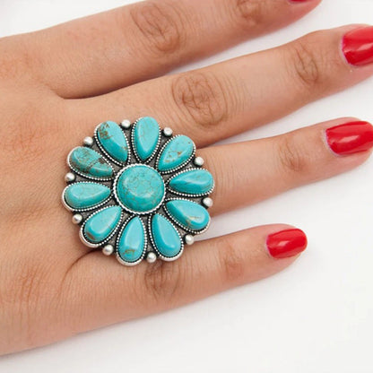 Women's Alloy Flower Ring with Turquoise Accent and Unique Design