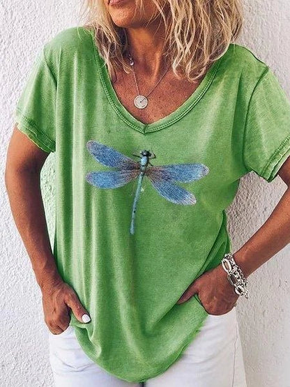 Women's Casual V-Neck Tee with Dragonfly Print and Short Sleeves