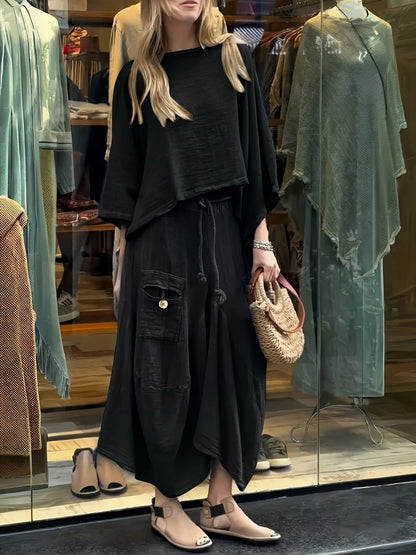 Premium Fashion Solid Color Top and Skirt Set – Casual Round Neck Two-Piece Outfit