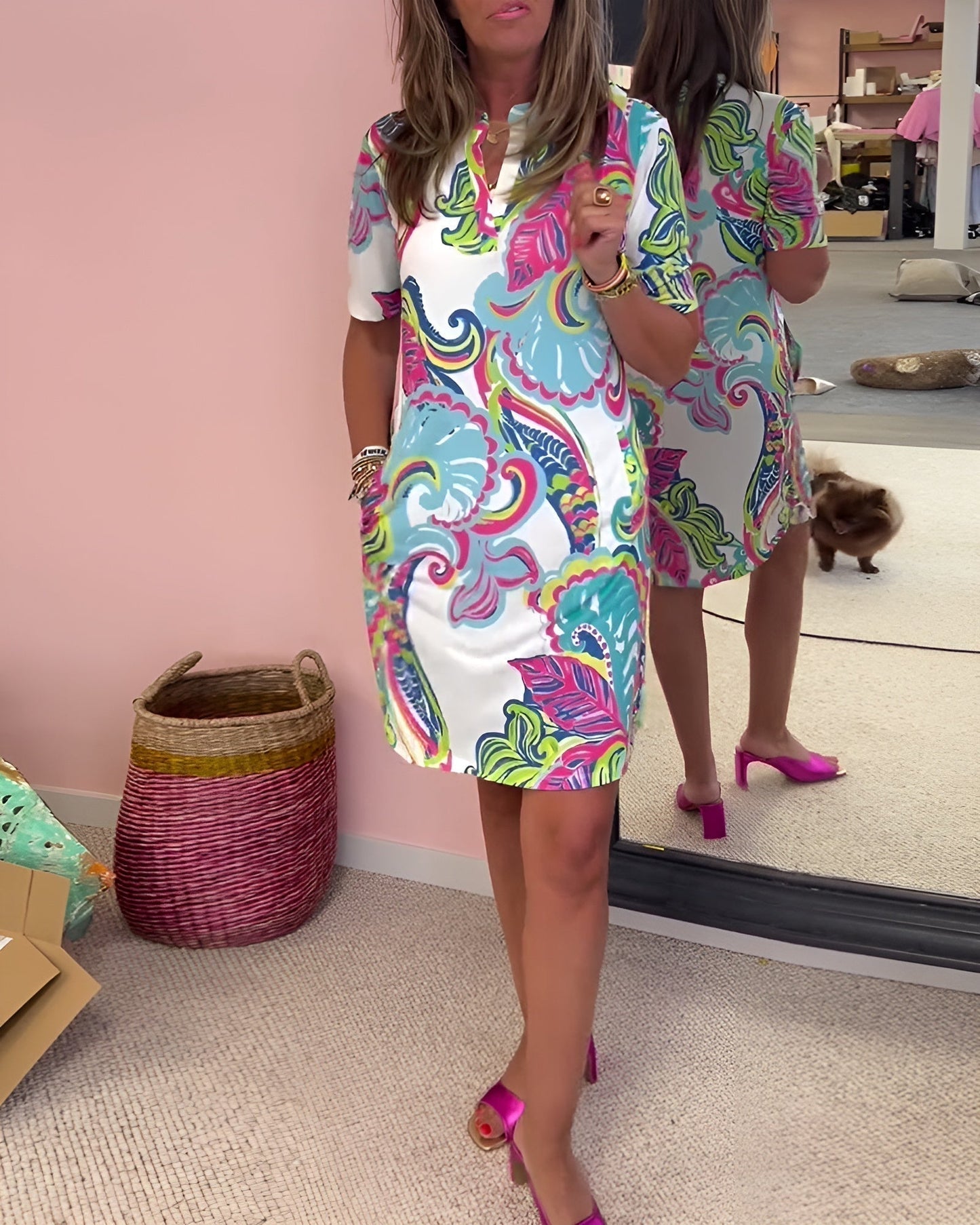Women's V Neck Draped Dress with Tummy Control and Printed Design