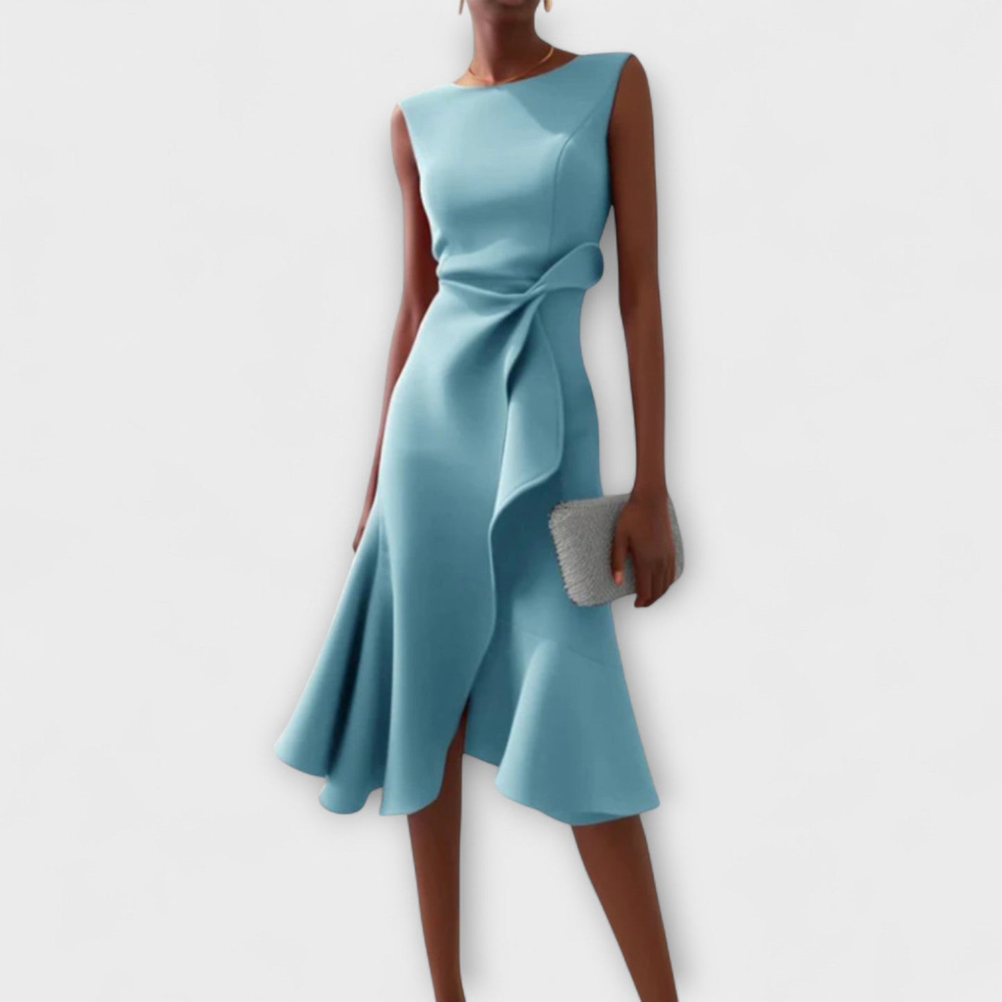 Women’s Crepe Georgette Midi Dress – Sophisticated Asymmetric Drape Sleeveless Design