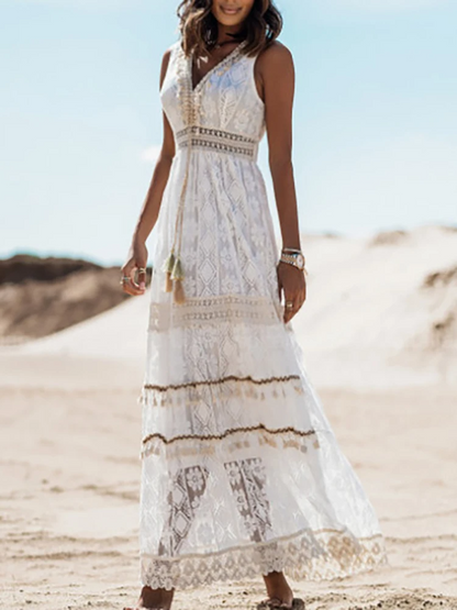 Women's Bohemian-Style Dress with Flowing Skirt and Adjustable Straps