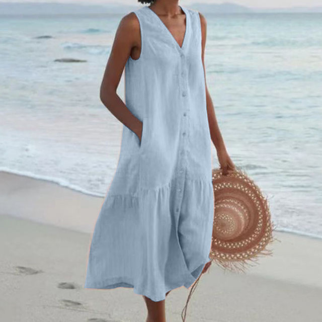 Women's Buttoned Midi Dress with Sleeveless Design and Versatile Style