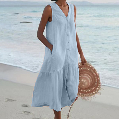 Women’s Crepe Midi Dress – Timeless Elegant Sleeveless Button Front Slimming Silhouette Dress