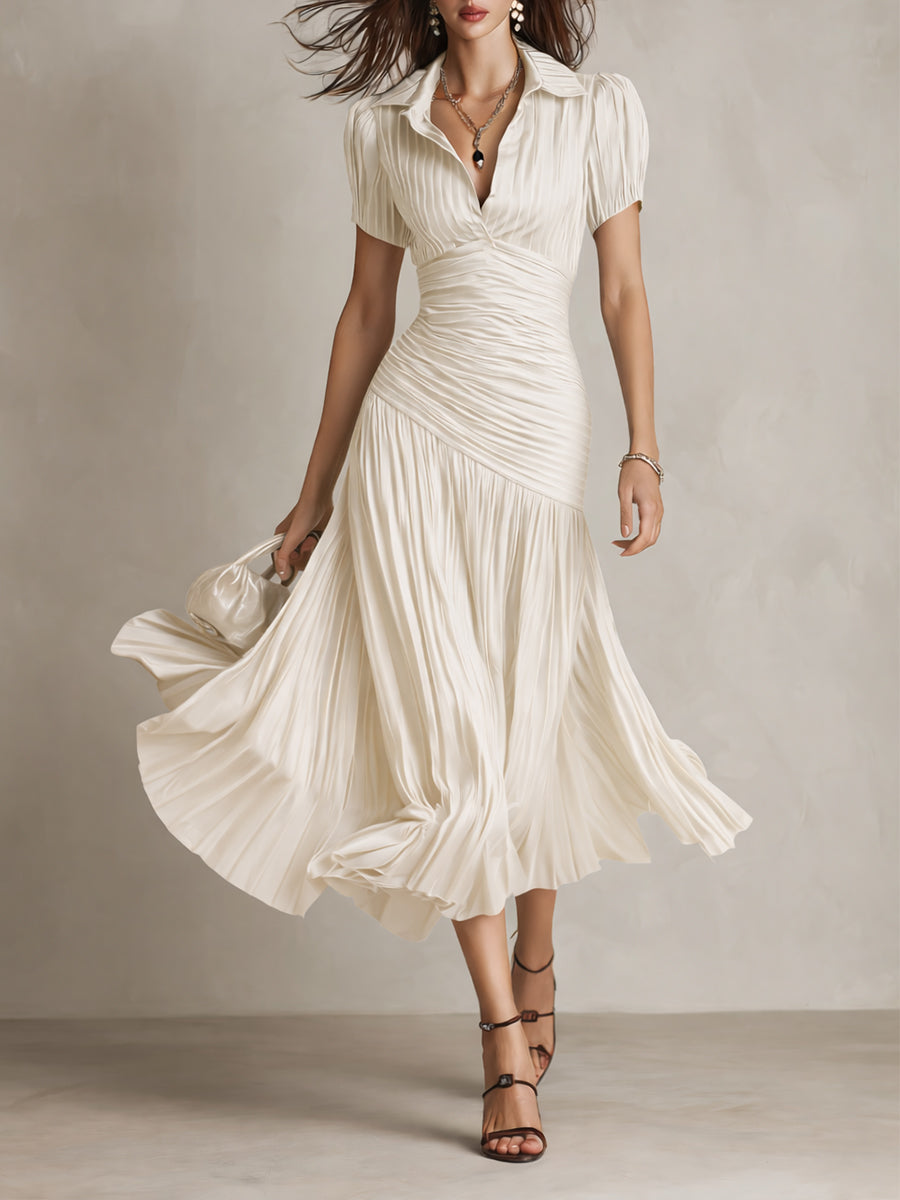 Glamorous Timeless Retro Striped Satin Pleated Silhouette Evening Luxe Midi Dress