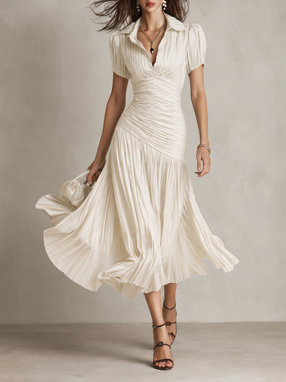 Glamorous Timeless Retro Striped Satin Pleated Silhouette Evening Luxe Midi Dress