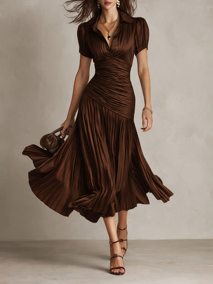 Glamorous Timeless Retro Striped Satin Pleated Silhouette Evening Luxe Midi Dress
