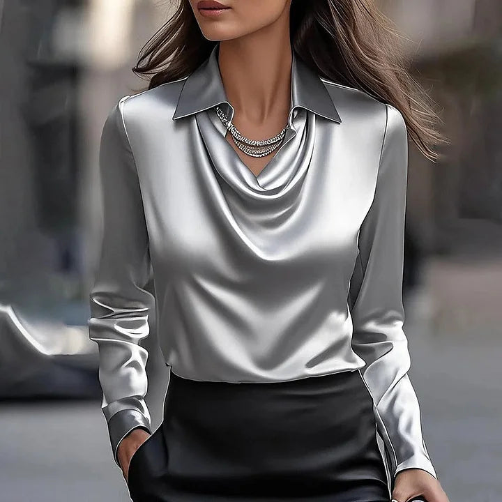 Women's Shiny Blouse with V-Neck and Short Sleeves