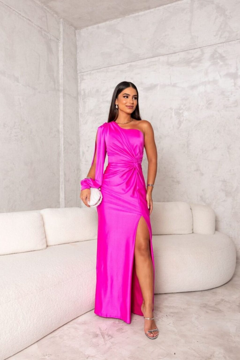 Elegant One Shoulder Flowing Sheer Sleeves Relaxed Fit Women's Maxi Evening Dress