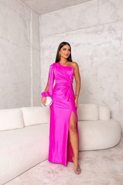 Elegant One Shoulder Flowing Sheer Sleeves Relaxed Fit Women's Maxi Evening Dress