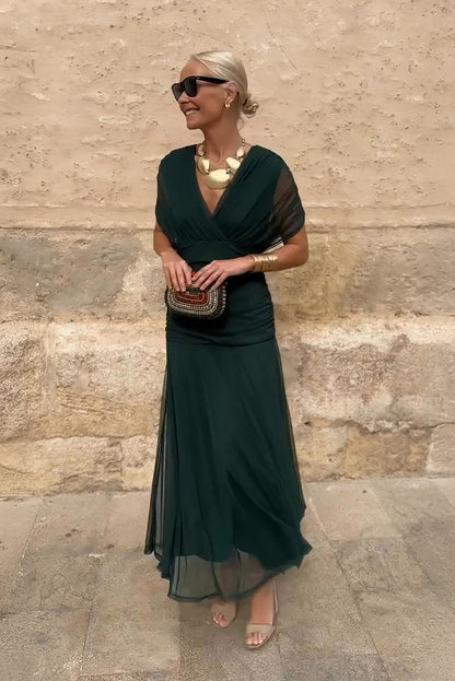 Charming Elegant V-Neck Flowing Silhouette Fantasy Printed Pleated Waist Maxi Dress