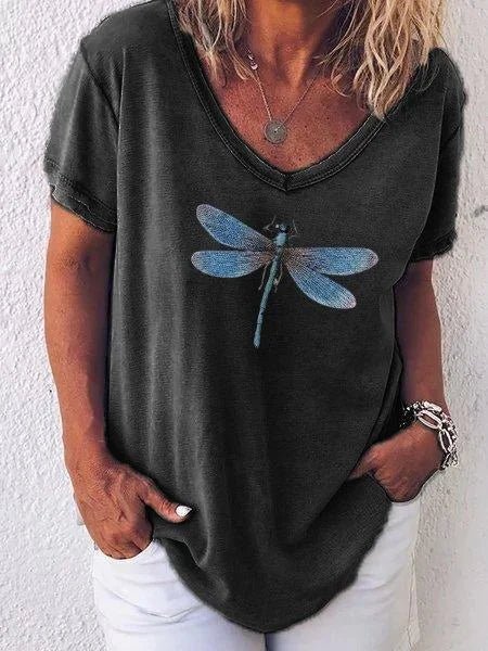 Women's Casual V-Neck Tee with Dragonfly Print and Short Sleeves